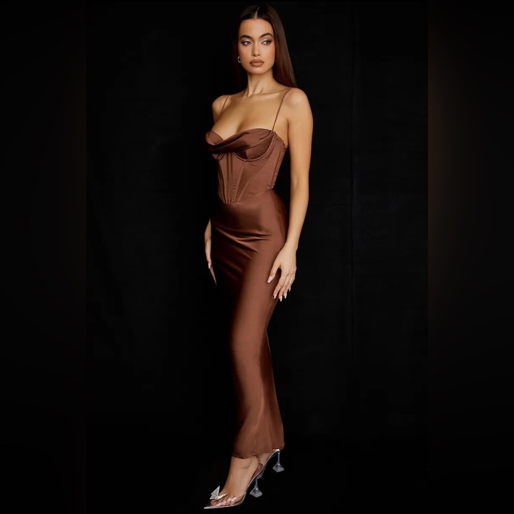 House of CB Brown Satin Corset Slip Dress